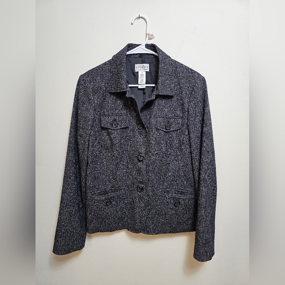 Villager by Liz Claiborne women's 10 tweed jacket pockets button up collared